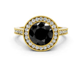 Yellow gold Fancy Black Round Cut-Cut Diamond Halo Engagement Ring with Pave Band and Prong Setting