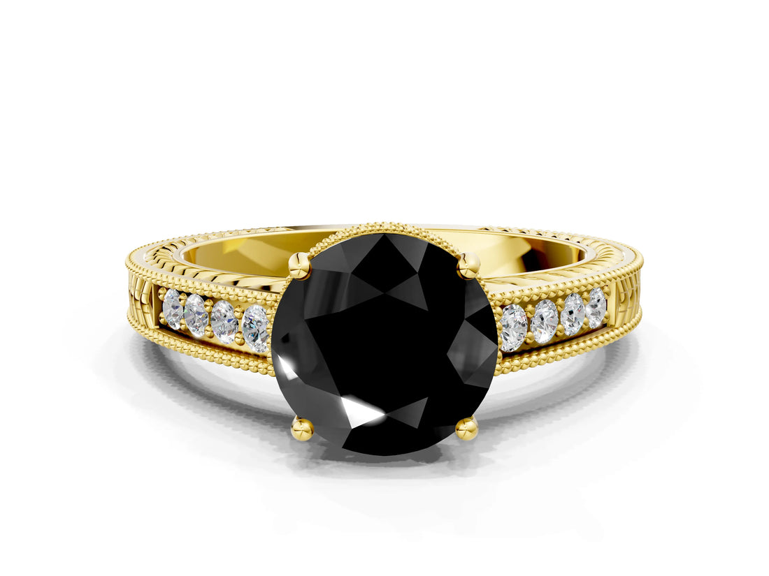 Yellow gold Fancy Black Round Cut Cut Diamond Milgrain Pave Band Four-Prong Setting Ring_3