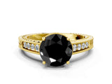 Yellow gold Fancy Black Round Cut Cut Diamond Milgrain Pave Band Four-Prong Setting Ring_3
