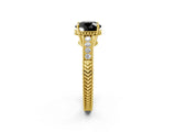 Yellow gold Fancy Black Round Cut Cut Diamond Milgrain Pave Band Four-Prong Setting Ring_5
