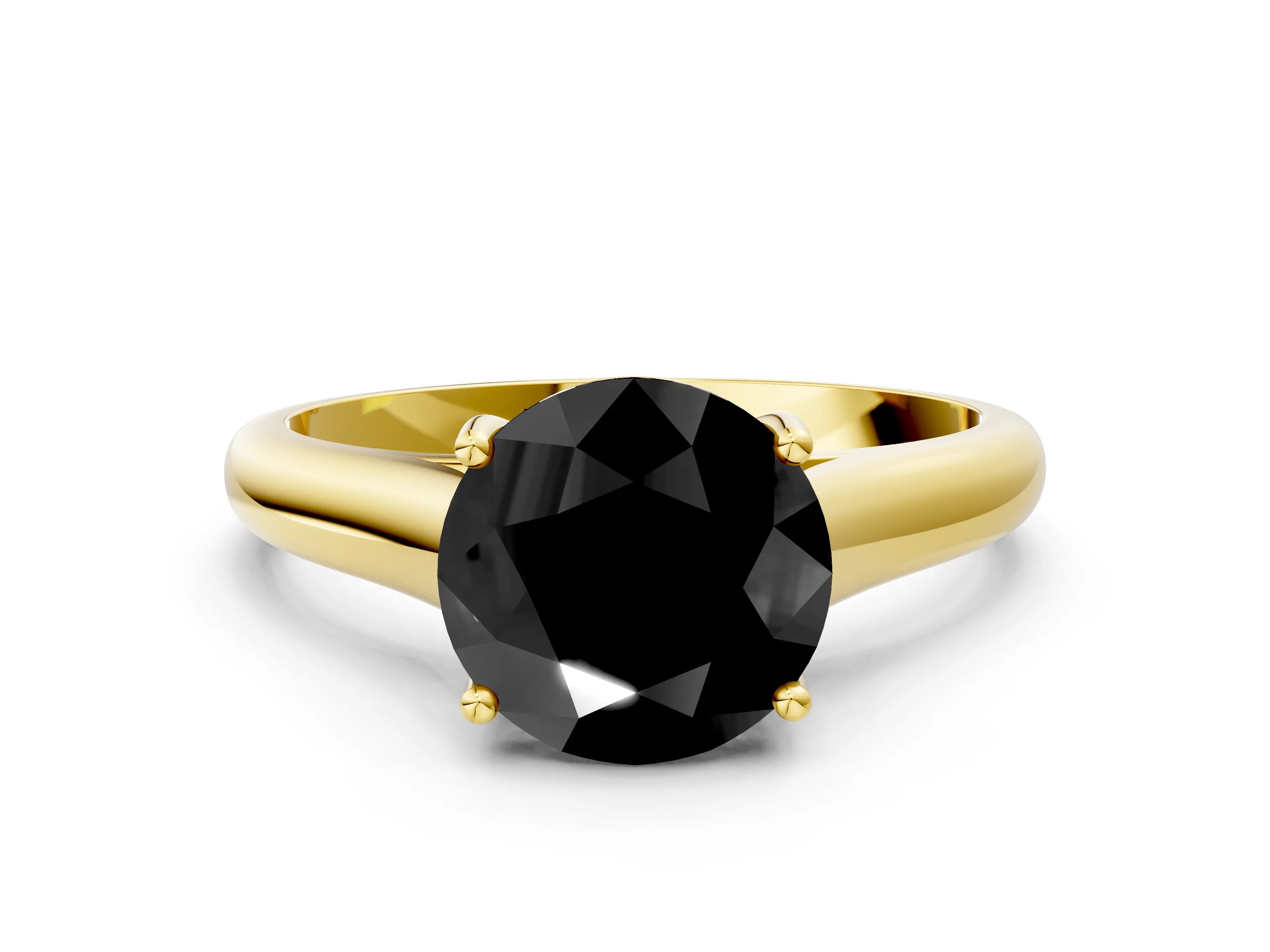 Yellow gold Fancy Black Round Cut Cut Diamond Solitaire Engagement Ring with Tapered Plain Band and Four-Prong Setting