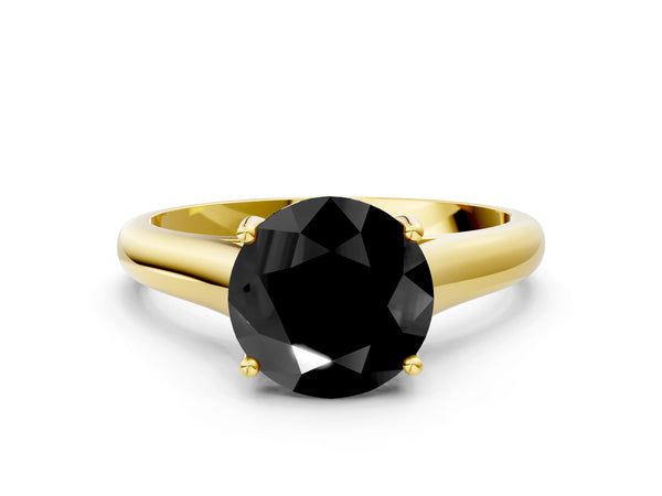 Yellow gold Fancy Black Round Cut Cut Diamond Solitaire Engagement Ring with Tapered Plain Band and Four-Prong Setting