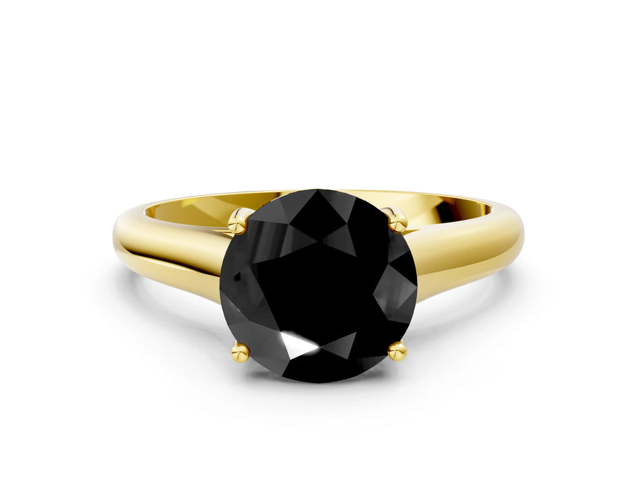 Yellow gold Fancy Black Round Cut Cut Diamond Solitaire Engagement Ring with Tapered Plain Band and Four-Prong Setting