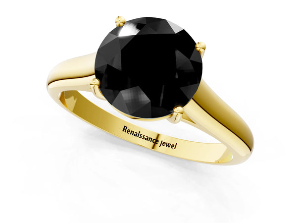 Yellow gold Fancy Black Round Cut Cut Diamond Solitaire Engagement Ring with Tapered Plain Band and Four-Prong Setting