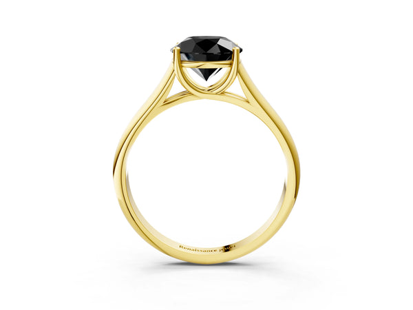 Yellow gold Fancy Black Round Cut Cut Diamond Solitaire Engagement Ring with Tapered Plain Band and Four-Prong Setting