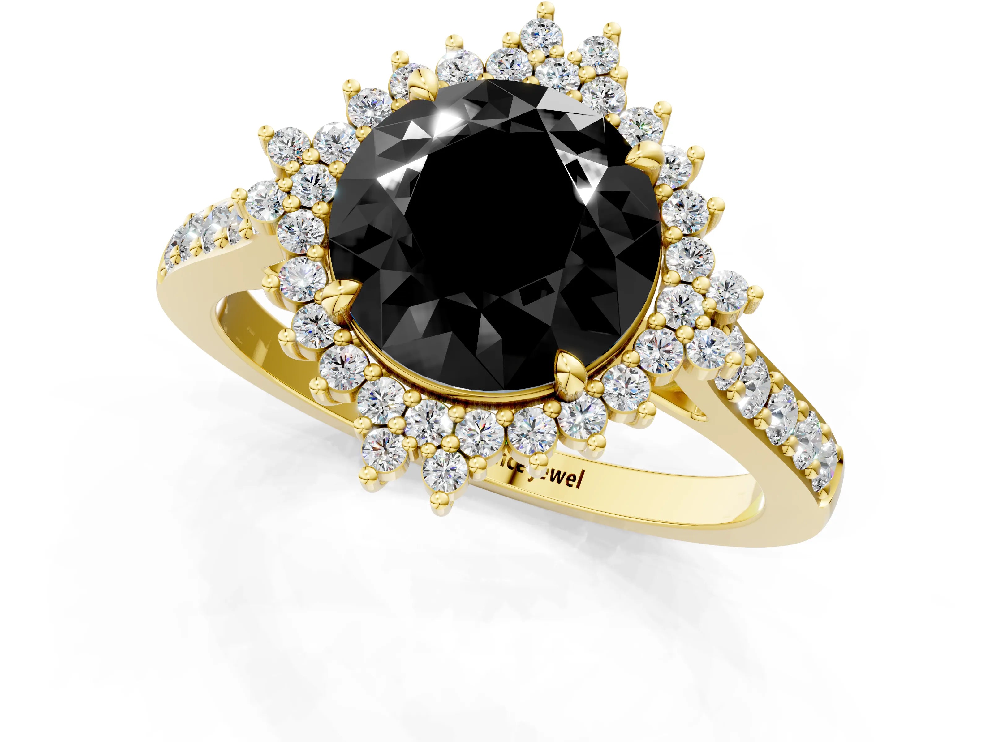 Yellow gold Fancy Black Round Cut Cut Diamond Sunburst Halo Engagement Ring with Pavé Band_1