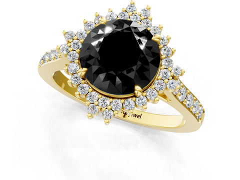 Yellow gold Fancy Black Round Cut Cut Diamond Sunburst Halo Engagement Ring with Pavé Band_1
