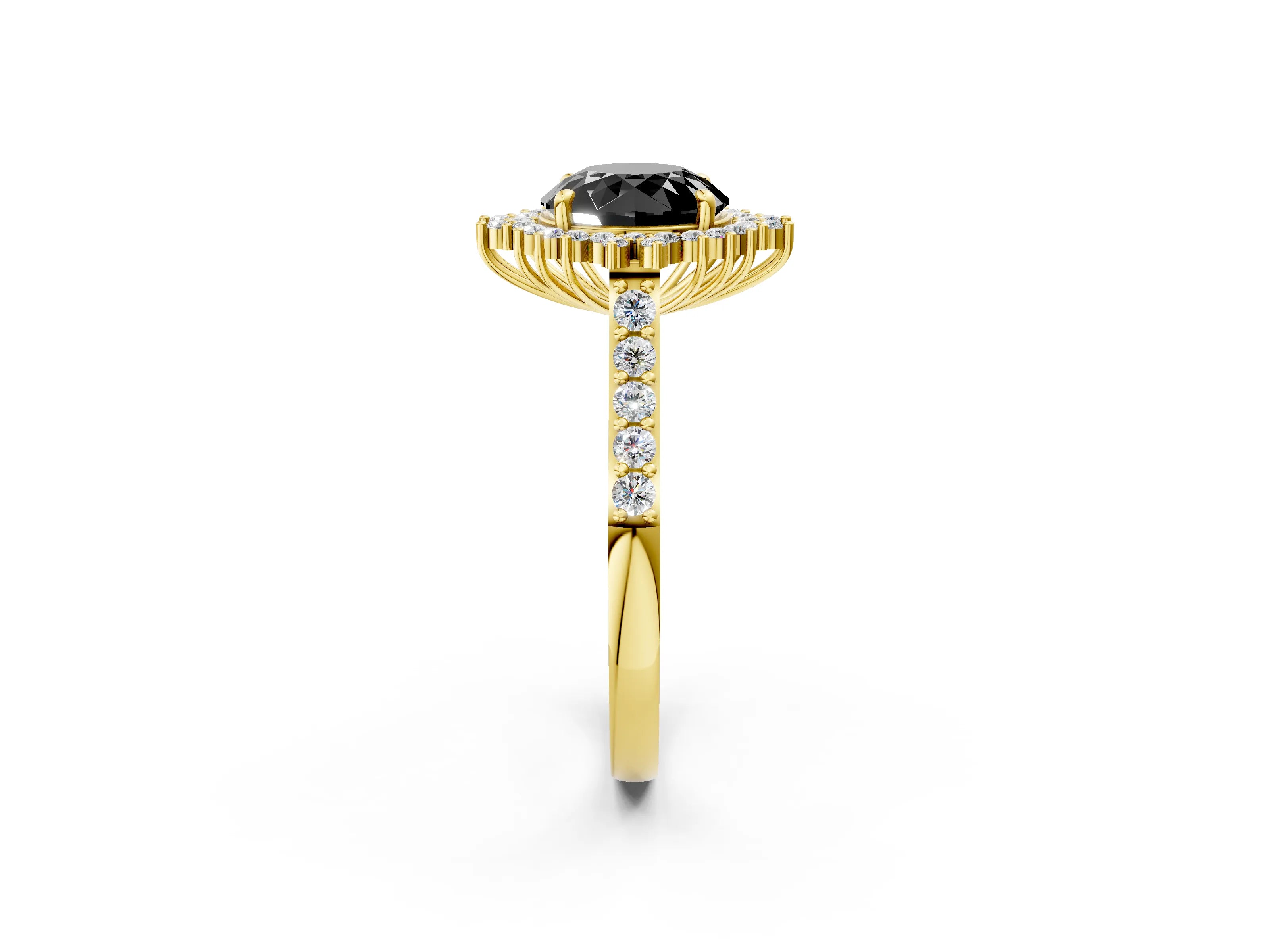 Yellow gold Fancy Black Round Cut Cut Diamond Sunburst Halo Engagement Ring with Pavé Band_2