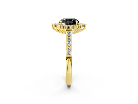 Yellow gold Fancy Black Round Cut Cut Diamond Sunburst Halo Engagement Ring with Pavé Band_2
