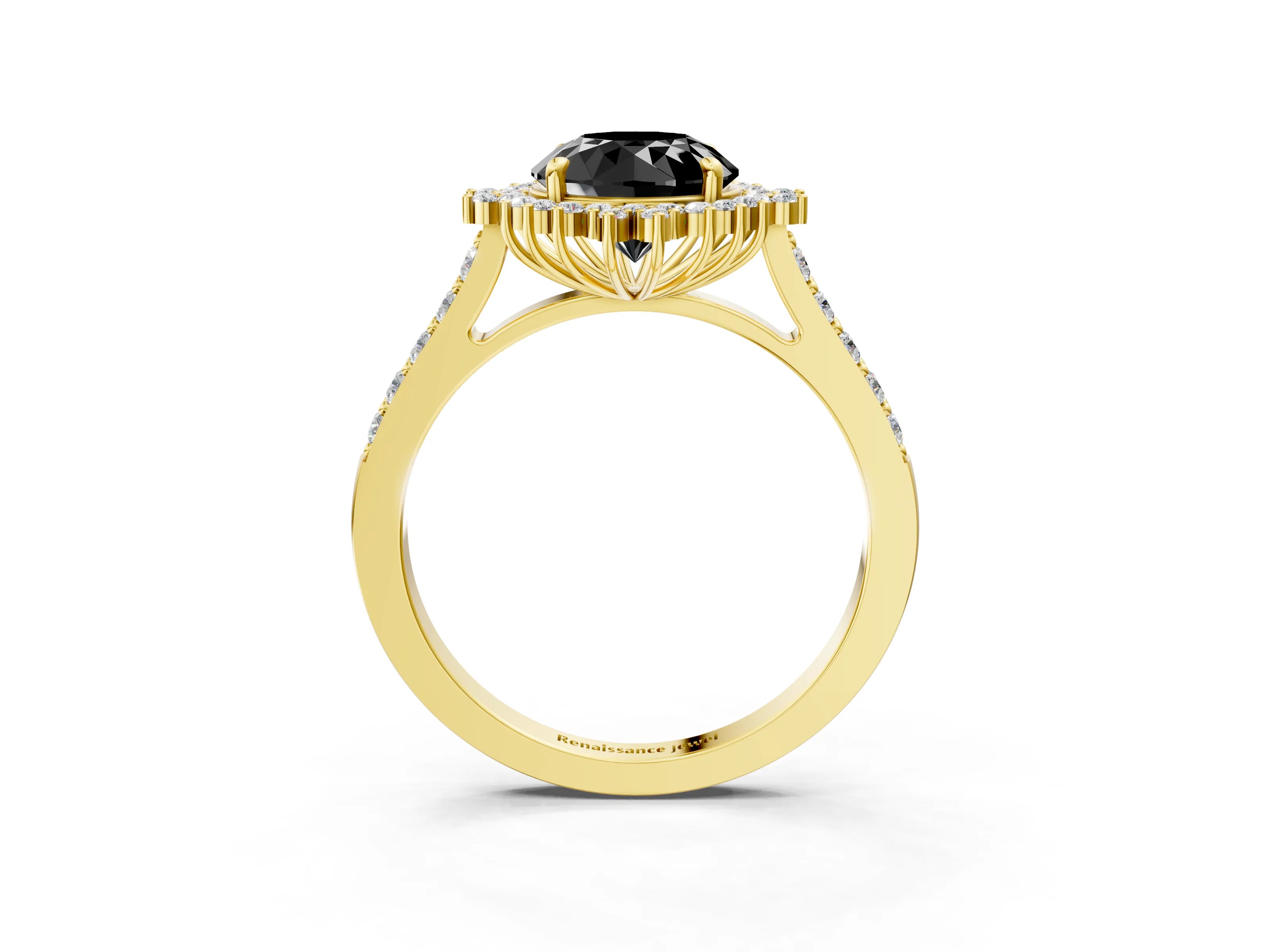 Yellow gold Fancy Black Round Cut Cut Diamond Sunburst Halo Engagement Ring with Pavé Band_3