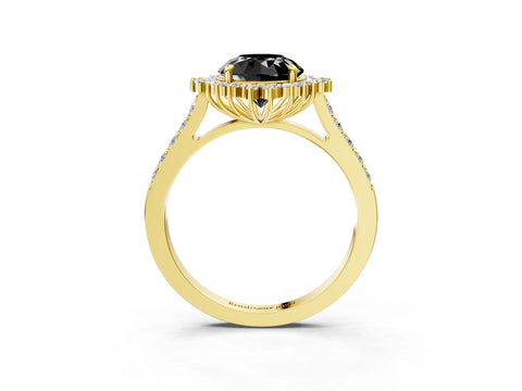 Yellow gold Fancy Black Round Cut Cut Diamond Sunburst Halo Engagement Ring with Pavé Band_3