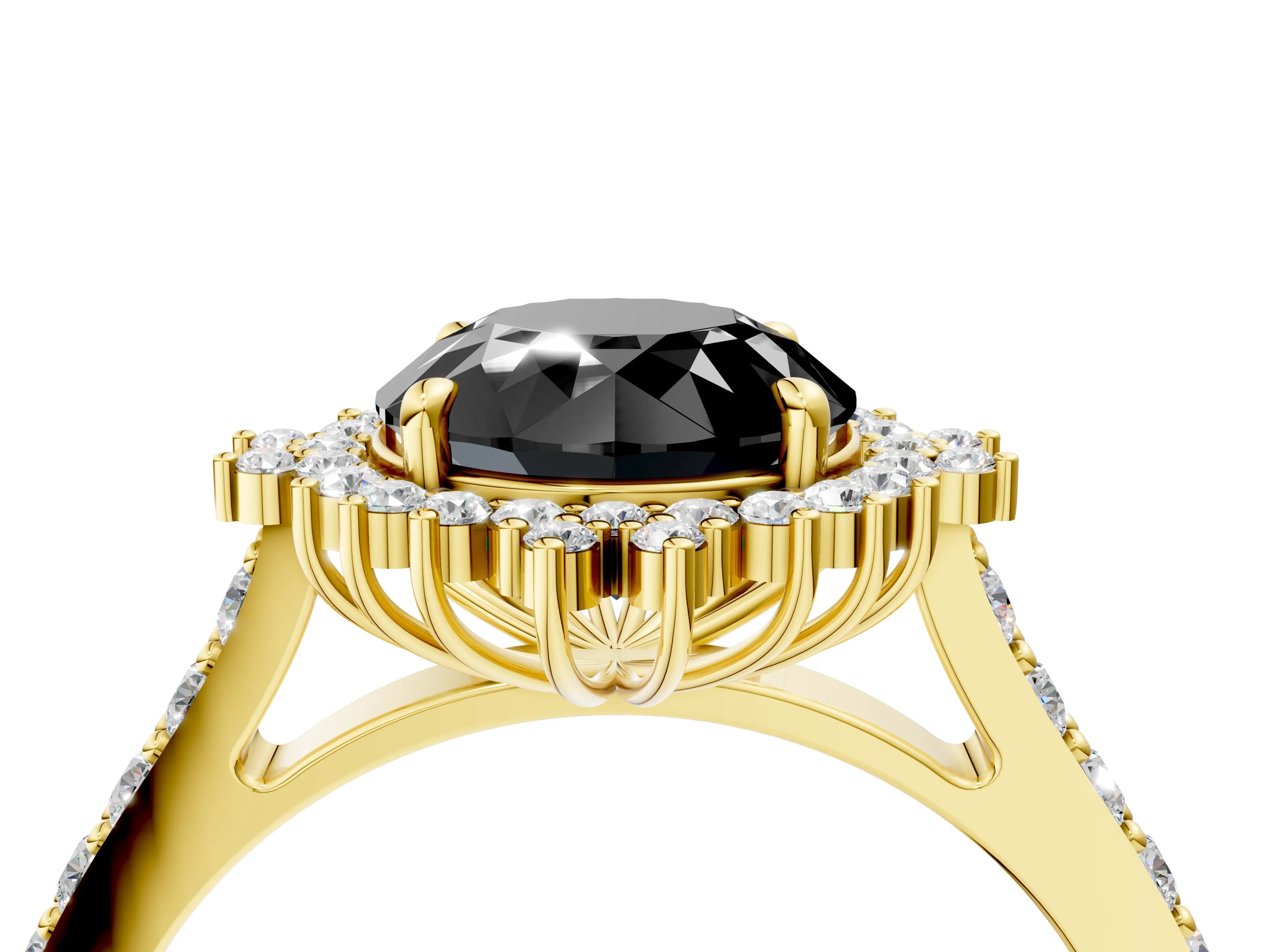 Yellow gold Fancy Black Round Cut Cut Diamond Sunburst Halo Engagement Ring with Pavé Band_4