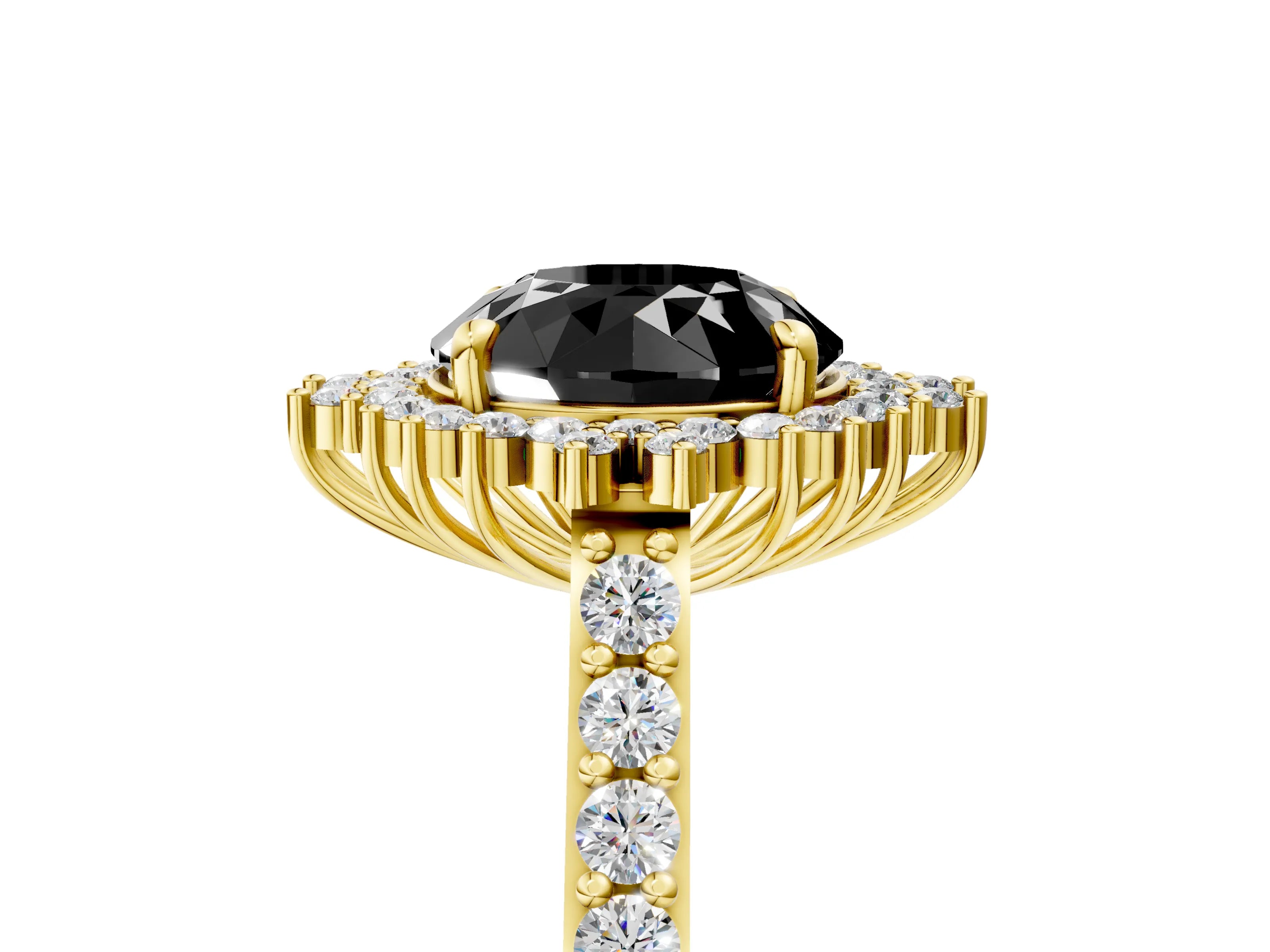 Yellow gold Fancy Black Round Cut Cut Diamond Sunburst Halo Engagement Ring with Pavé Band_5