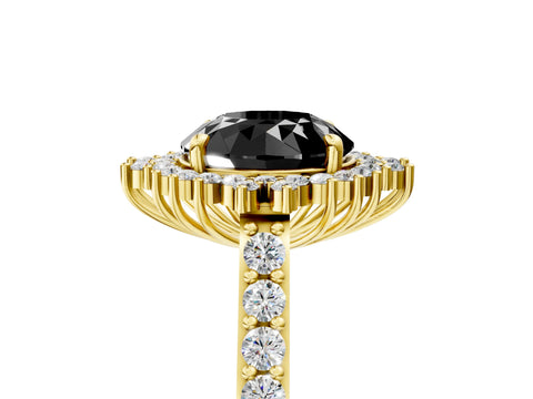 Yellow gold Fancy Black Round Cut Cut Diamond Sunburst Halo Engagement Ring with Pavé Band_5