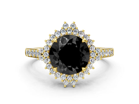 Yellow gold Fancy Black Round Cut Cut Diamond Sunburst Halo Engagement Ring with Pavé Band