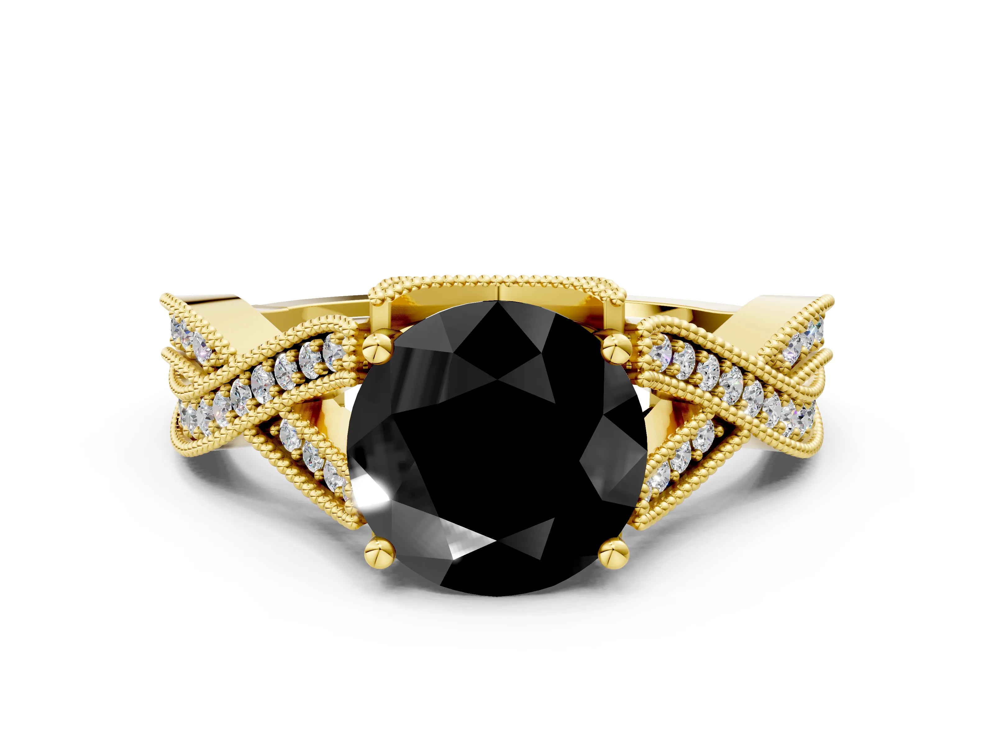 Yellow gold Fancy Black Round Cut Cut Diamond Twisted Band with Milgrain Pave Setting and Four-Prong Setting