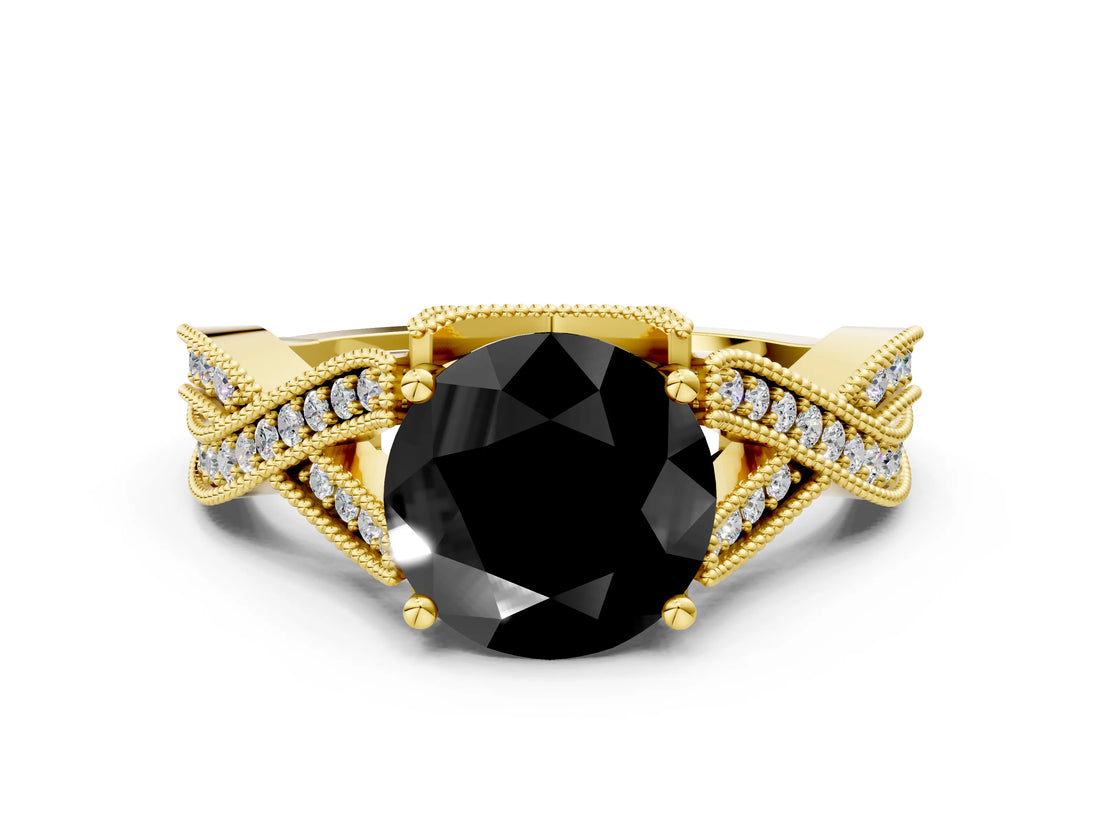 Yellow gold Fancy Black Round Cut Cut Diamond Twisted Band with Milgrain Pave Setting and Four-Prong Setting