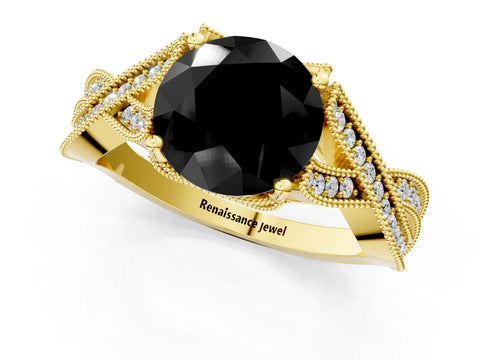 Yellow gold Fancy Black Round Cut Cut Diamond Twisted Band with Milgrain Pave Setting and Four-Prong Setting_1