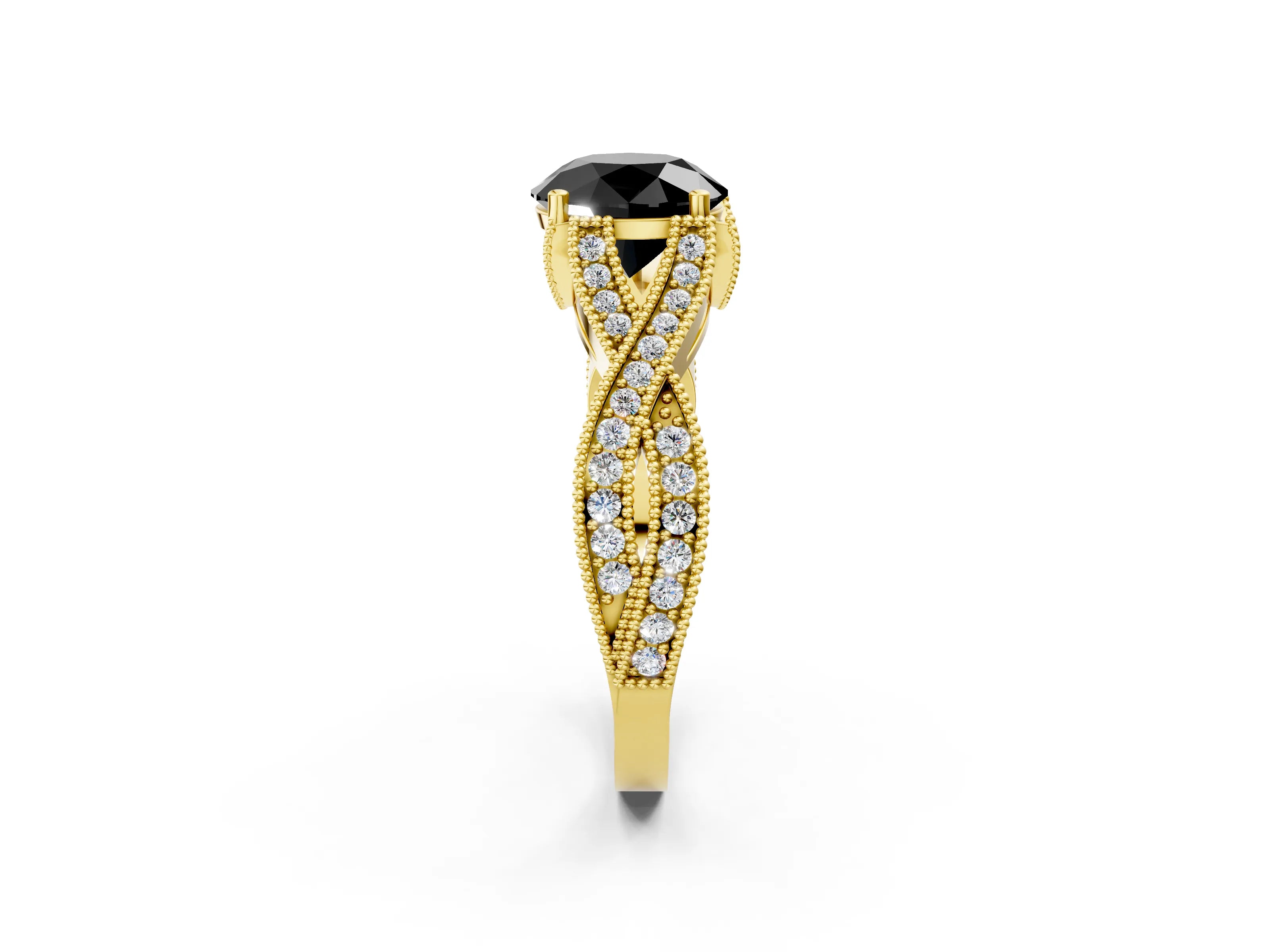 Yellow gold Fancy Black Round Cut Cut Diamond Twisted Band with Milgrain Pave Setting and Four-Prong Setting_2