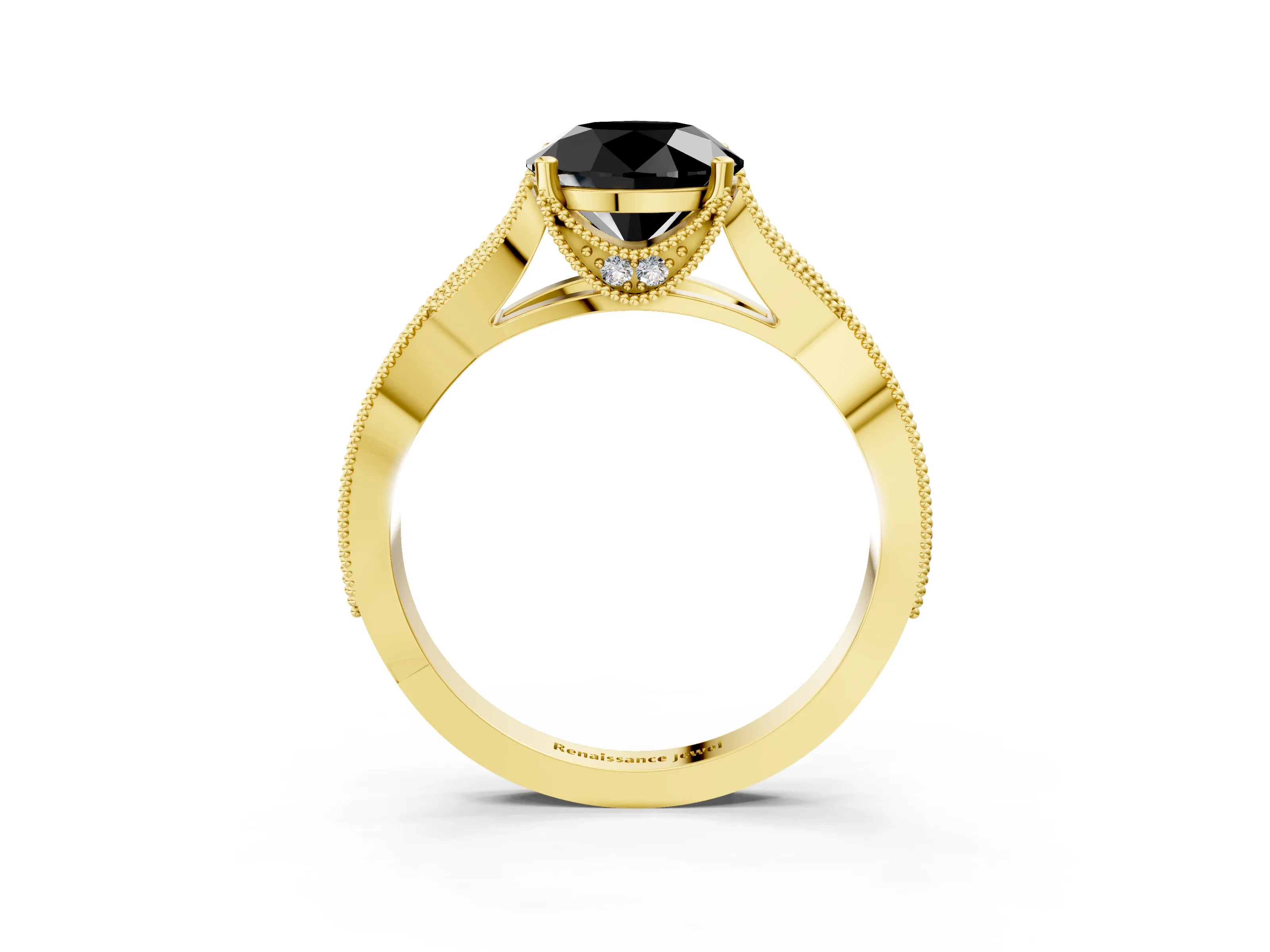 Yellow gold Fancy Black Round Cut Cut Diamond Twisted Band with Milgrain Pave Setting and Four-Prong Setting_3