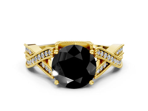 Yellow gold Fancy Black Round Cut Cut Diamond Twisted Band with Milgrain Pave Setting and Four-Prong Setting