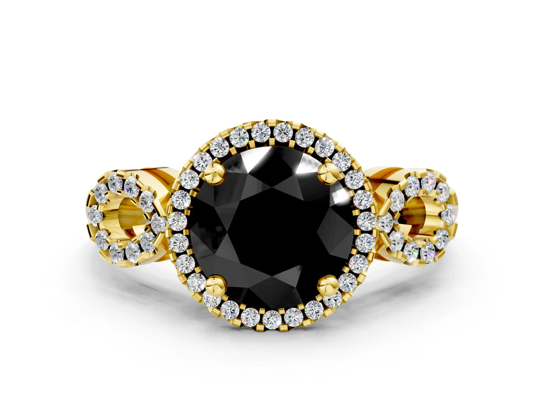 Yellow gold Fancy Black Round Cut Cut Halo Diamond Infinity Band with Four-Prong Setting