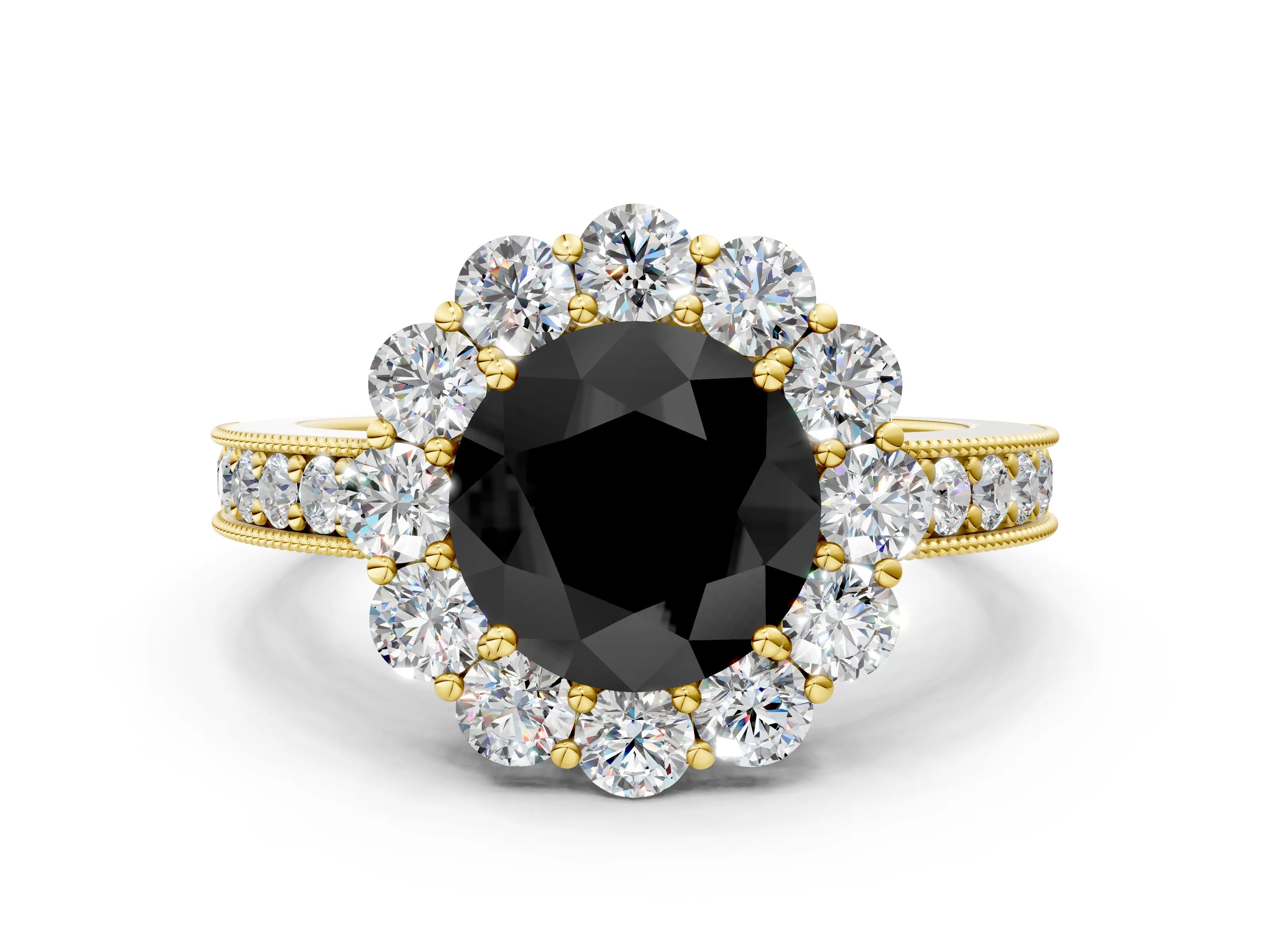 Yellow gold Fancy Black Round Cut Cut Halo Diamond Pavé Engagement Ring with Milgrain Detailing