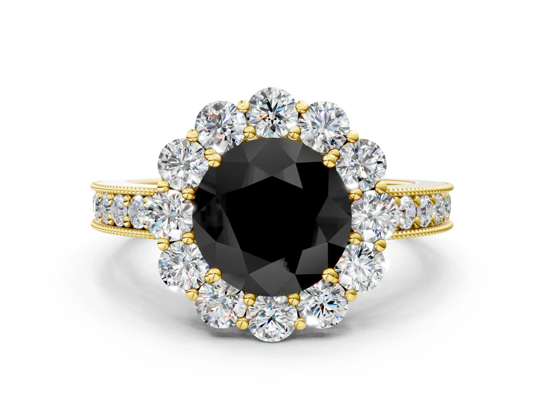 Yellow gold Fancy Black Round Cut Cut Halo Diamond Pavé Engagement Ring with Milgrain Detailing