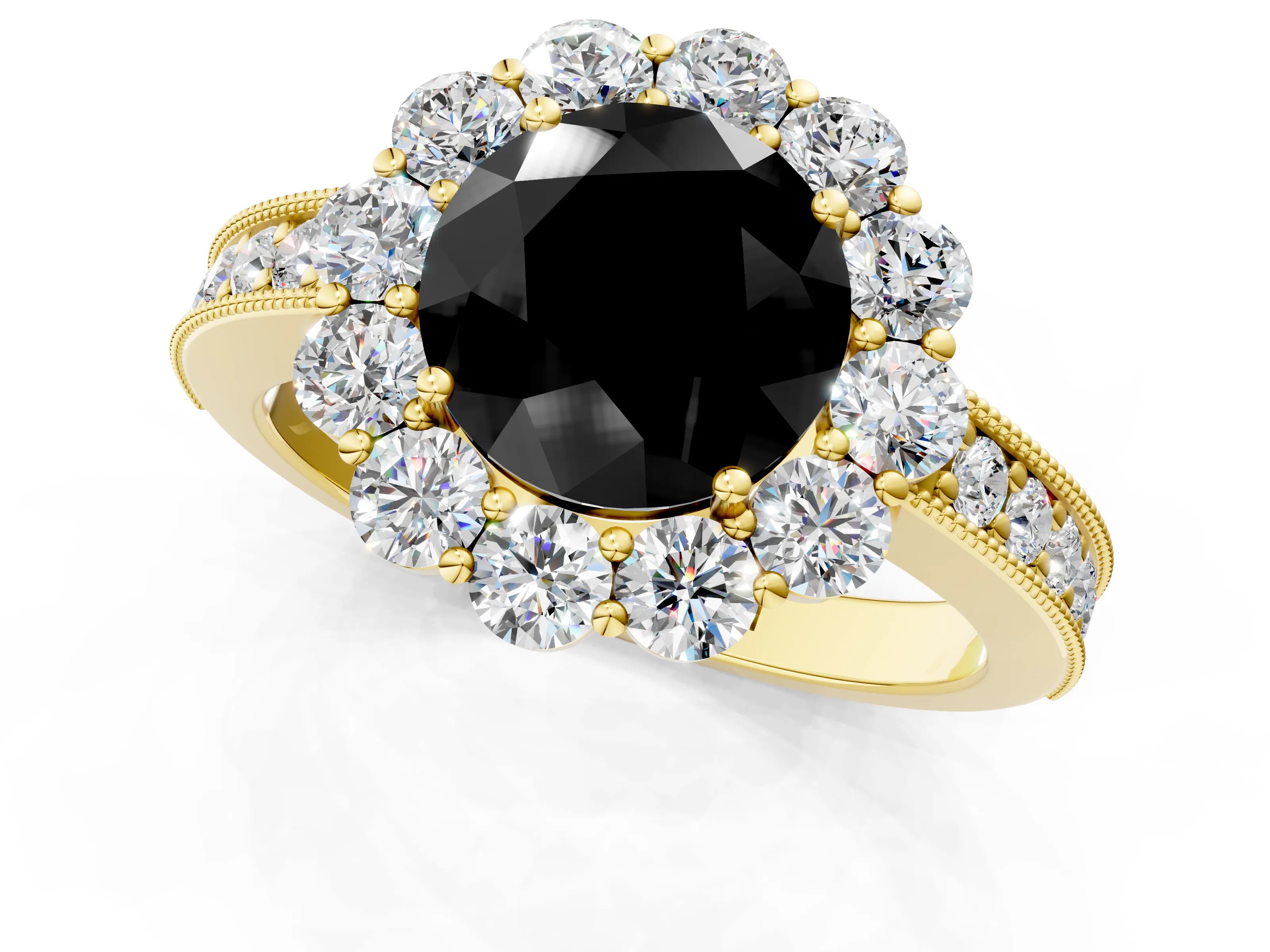 Yellow gold Fancy Black Round Cut Cut Halo Diamond Pavé Engagement Ring with Milgrain Detailing_1