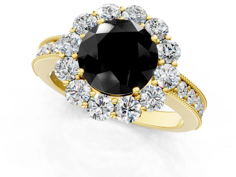 Yellow gold Fancy Black Round Cut Cut Halo Diamond Pavé Engagement Ring with Milgrain Detailing_1
