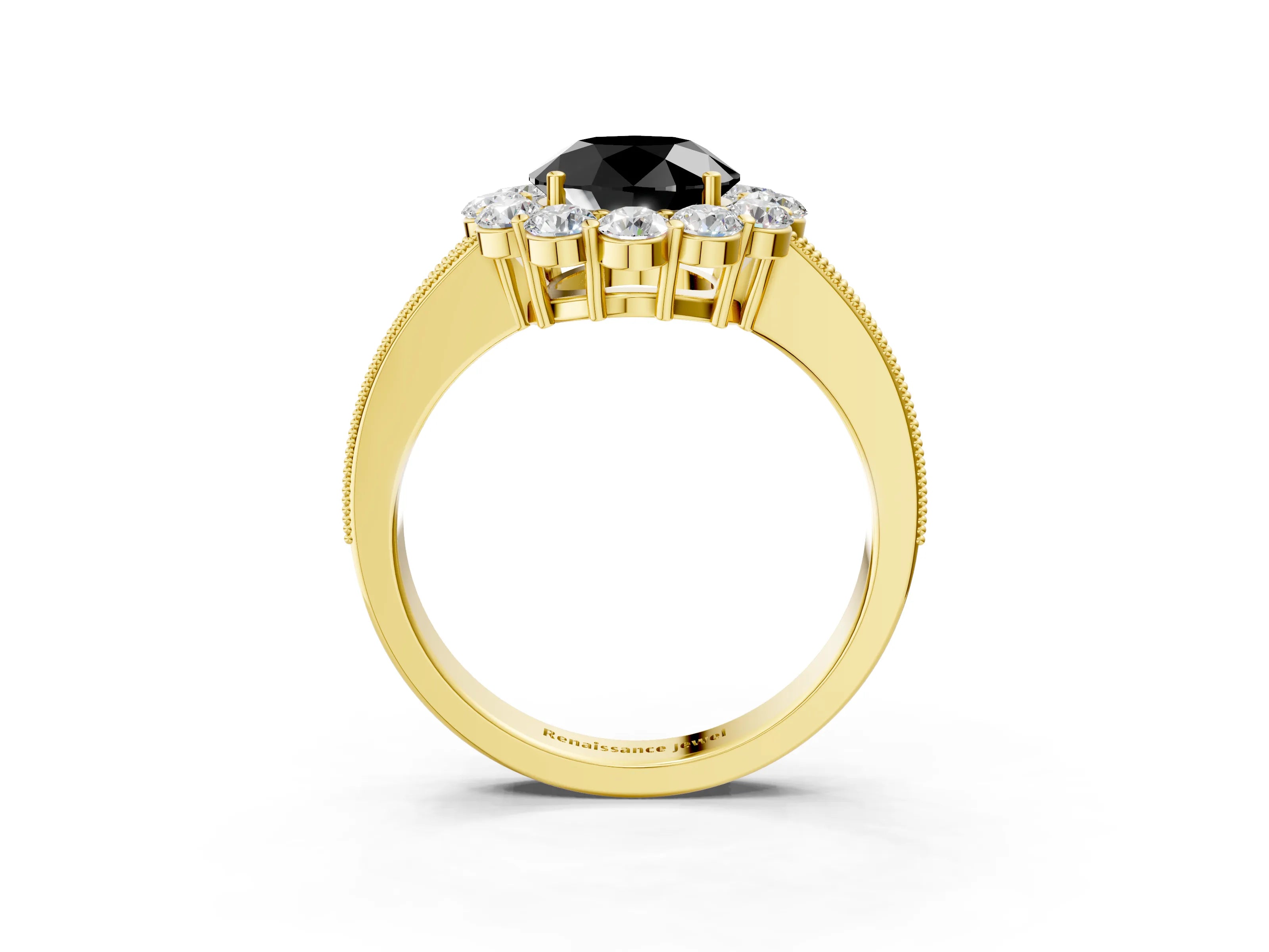 Yellow gold Fancy Black Round Cut Cut Halo Diamond Pavé Engagement Ring with Milgrain Detailing_3