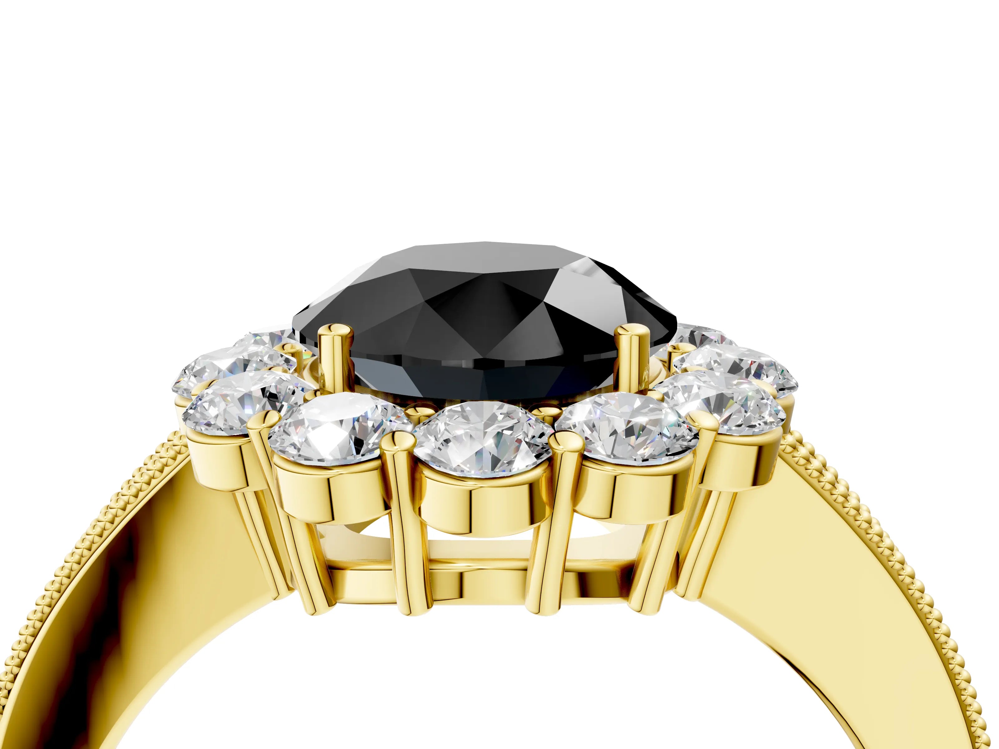 Yellow gold Fancy Black Round Cut Cut Halo Diamond Pavé Engagement Ring with Milgrain Detailing_4