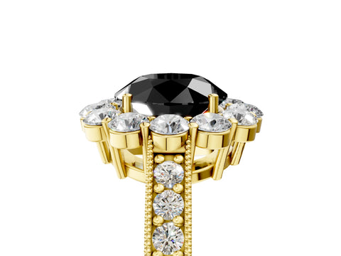 Yellow gold Fancy Black Round Cut Cut Halo Diamond Pavé Engagement Ring with Milgrain Detailing_5