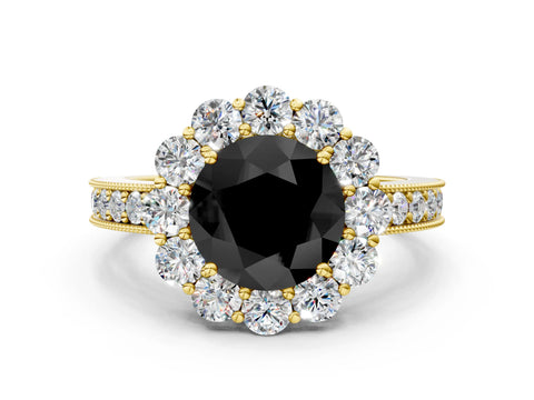 Yellow gold Fancy Black Round Cut Cut Halo Diamond Pavé Engagement Ring with Milgrain Detailing