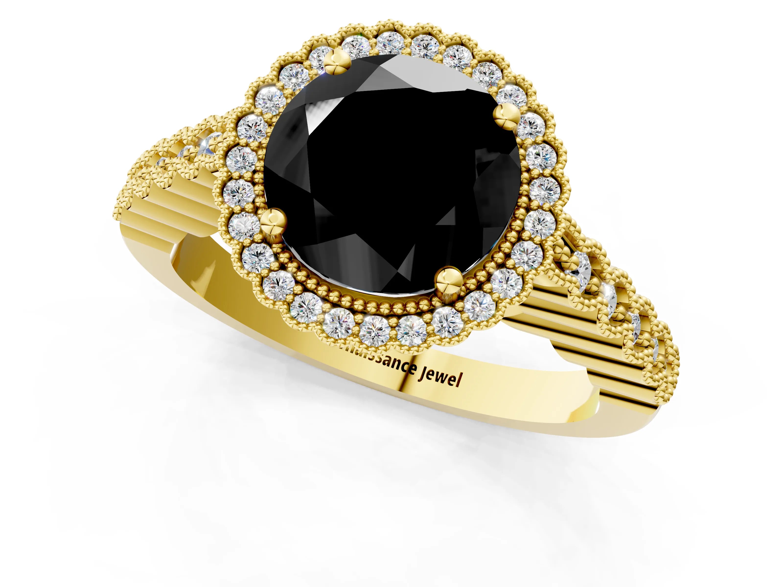 Yellow gold Fancy Black Round Cut Cut Halo Pavé Solitaire Ring with Milgrain Band_1