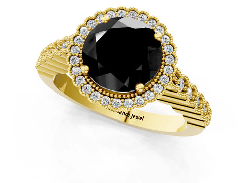 Yellow gold Fancy Black Round Cut Cut Halo Pavé Solitaire Ring with Milgrain Band_1