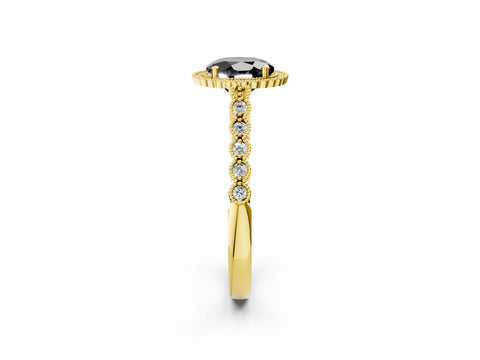 Yellow gold Fancy Black Round Cut Cut Halo Pavé Solitaire Ring with Milgrain Band_2