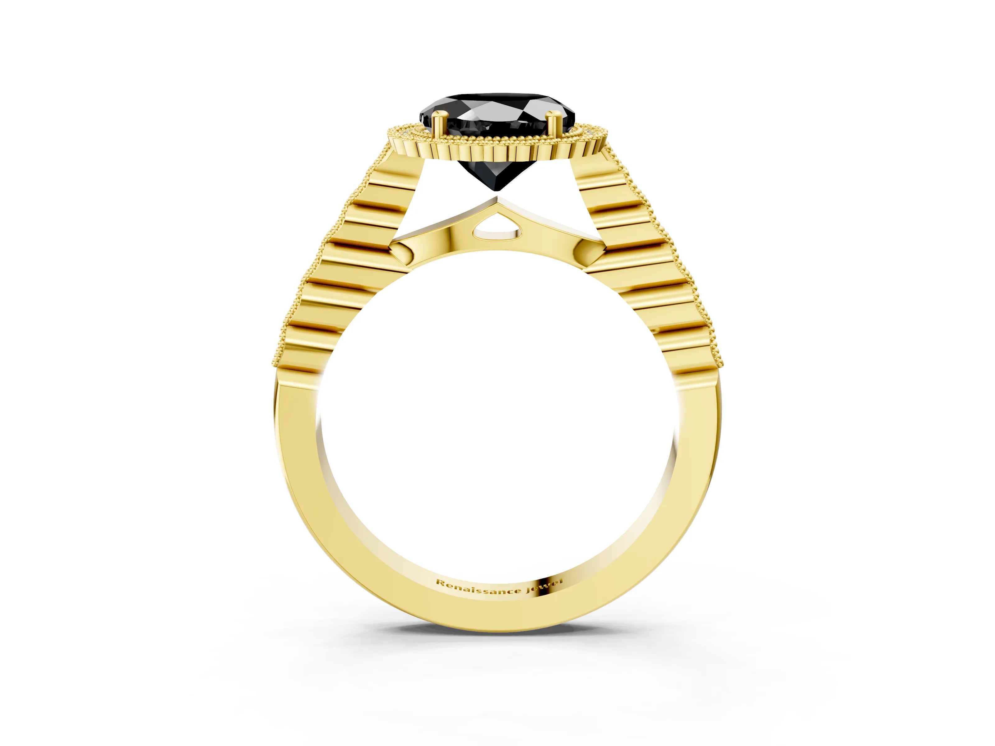 Yellow gold Fancy Black Round Cut Cut Halo Pavé Solitaire Ring with Milgrain Band_3