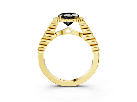 Yellow gold Fancy Black Round Cut Cut Halo Pavé Solitaire Ring with Milgrain Band_3