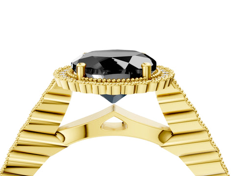 Yellow gold Fancy Black Round Cut Cut Halo Pavé Solitaire Ring with Milgrain Band_4