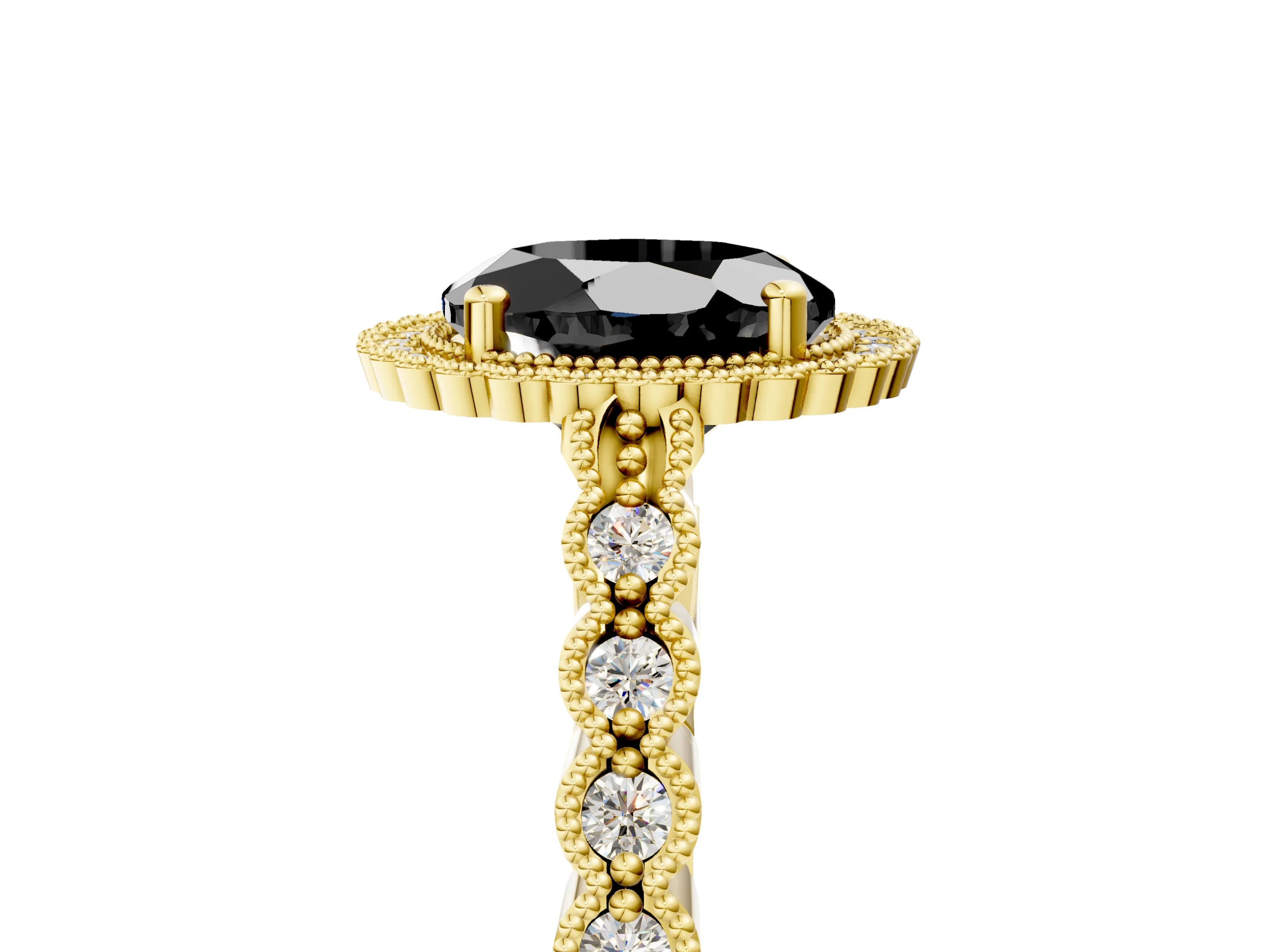 Yellow gold Fancy Black Round Cut Cut Halo Pavé Solitaire Ring with Milgrain Band_5