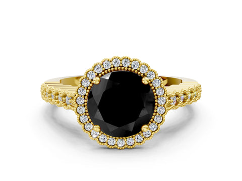 Yellow gold Fancy Black Round Cut Cut Halo Pavé Solitaire Ring with Milgrain Band