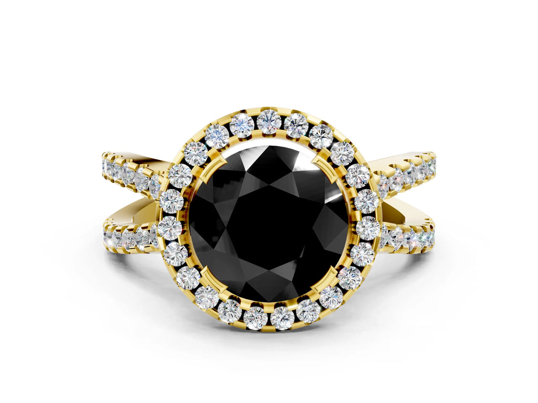 Yellow gold Fancy Black Round Cut Cut Halo Split Shank Pave Set Ring