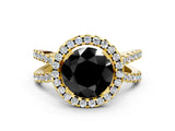 Yellow gold Fancy Black Round Cut Cut Halo Split Shank Pave Set Ring