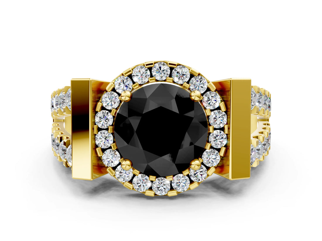 Yellow gold Fancy Black Round Cut Cut Halo Split Shank Prong Set Ring_12