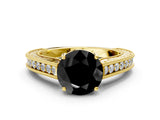 Yellow gold Fancy Black Round Cut Cut Pave Band Milgrain Solitaire Ring
