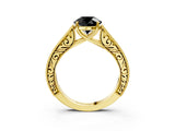 Yellow gold Fancy Black Round Cut Cut Pave Band Milgrain Solitaire Ring_3