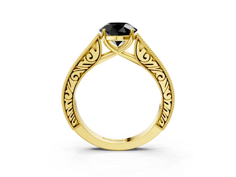 Yellow gold Fancy Black Round Cut Cut Pave Band Milgrain Solitaire Ring_3