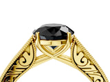 Yellow gold Fancy Black Round Cut Cut Pave Band Milgrain Solitaire Ring_4