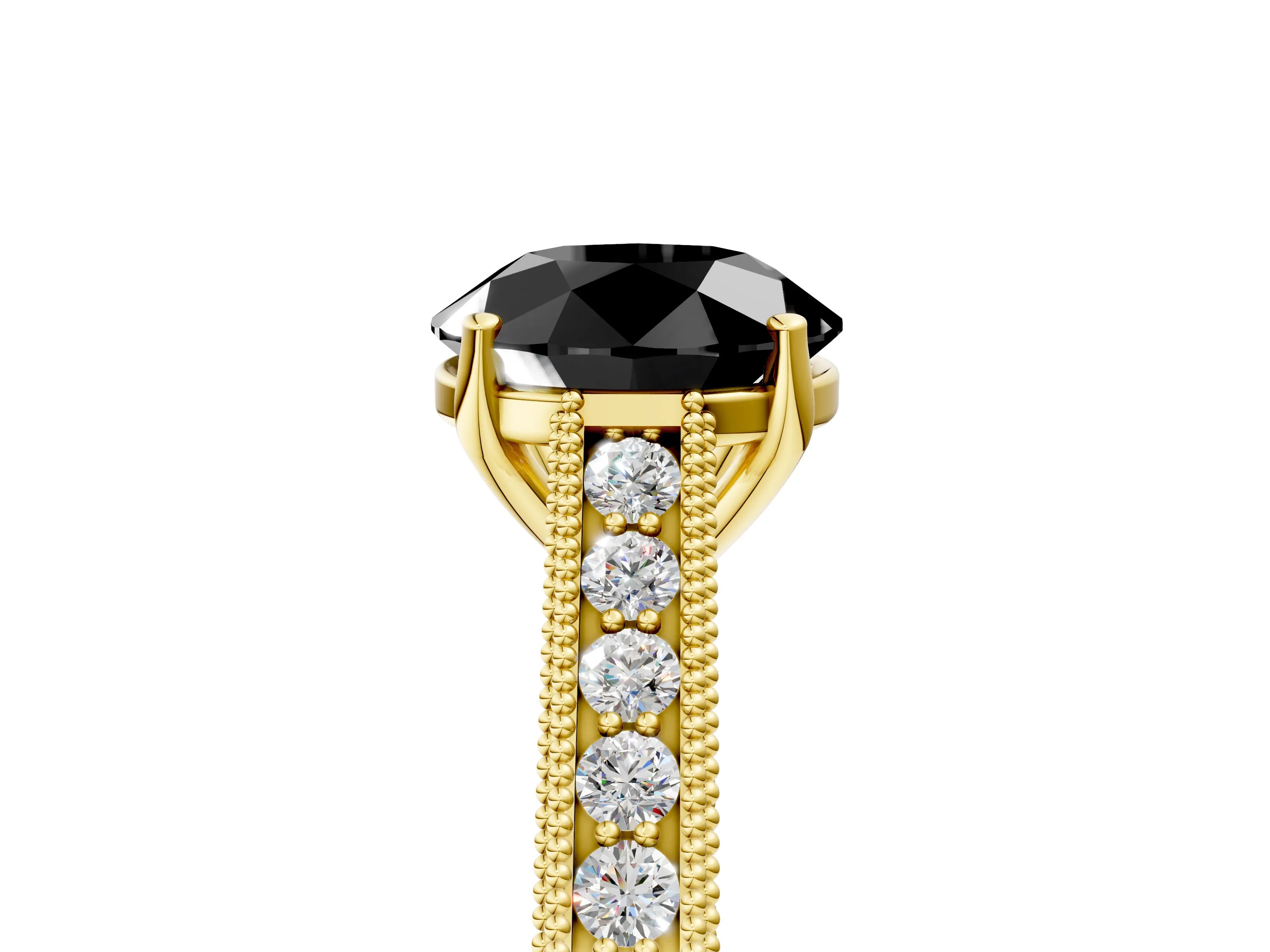 Yellow gold Fancy Black Round Cut Cut Pave Band Milgrain Solitaire Ring_5